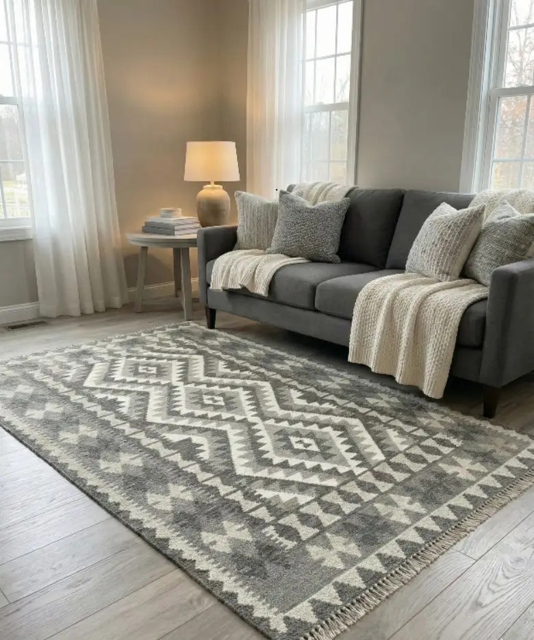 Grey & Cream Diamond Kilim Rug (5x3.4 ft)