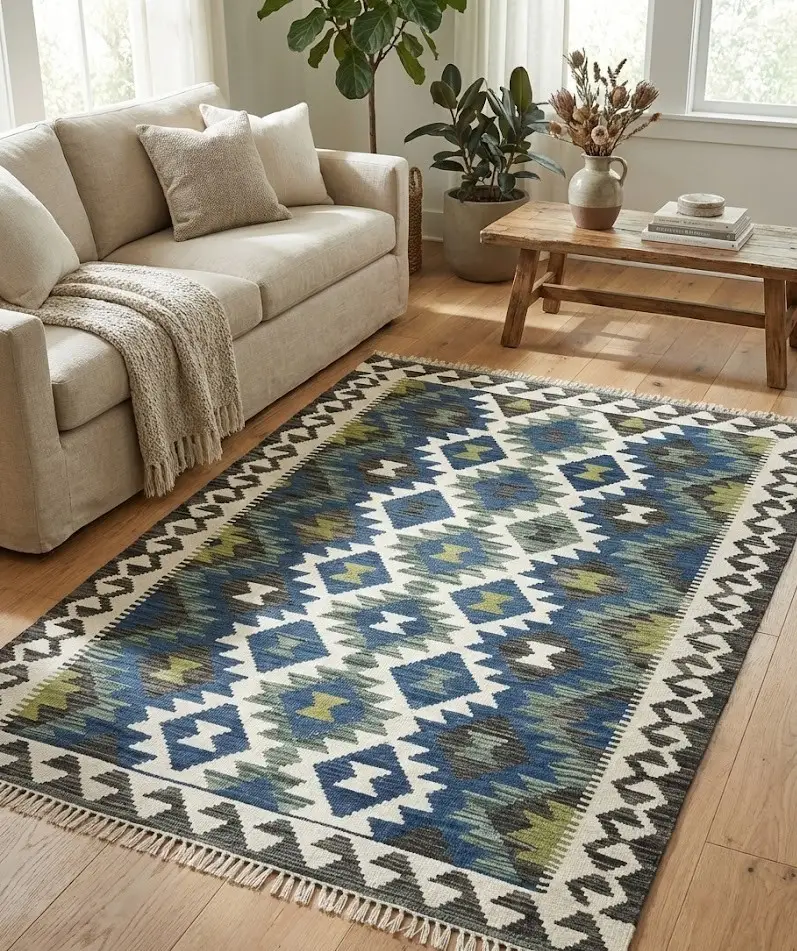 Blue & Grey Geometric Kilim Rug (5x3.4 ft)