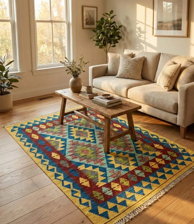 Yellow & Blue Tribal Geometric Kilim Rug (4x2.8 ft)